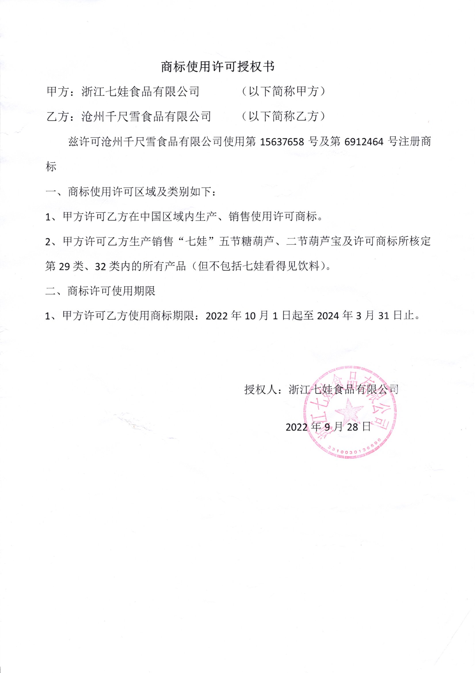 商標使用許可授權書